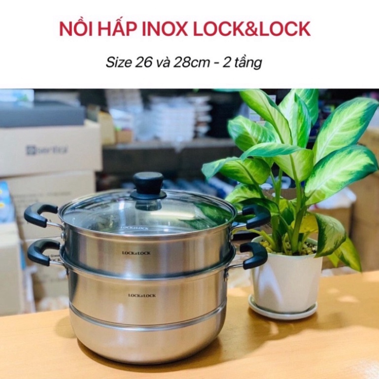 [Lock&Lock]- Nồi hấp inox 2 tầng - dùng được bếp từ, bếp ga, bếp hồng ngoại - size  26 và 28cm