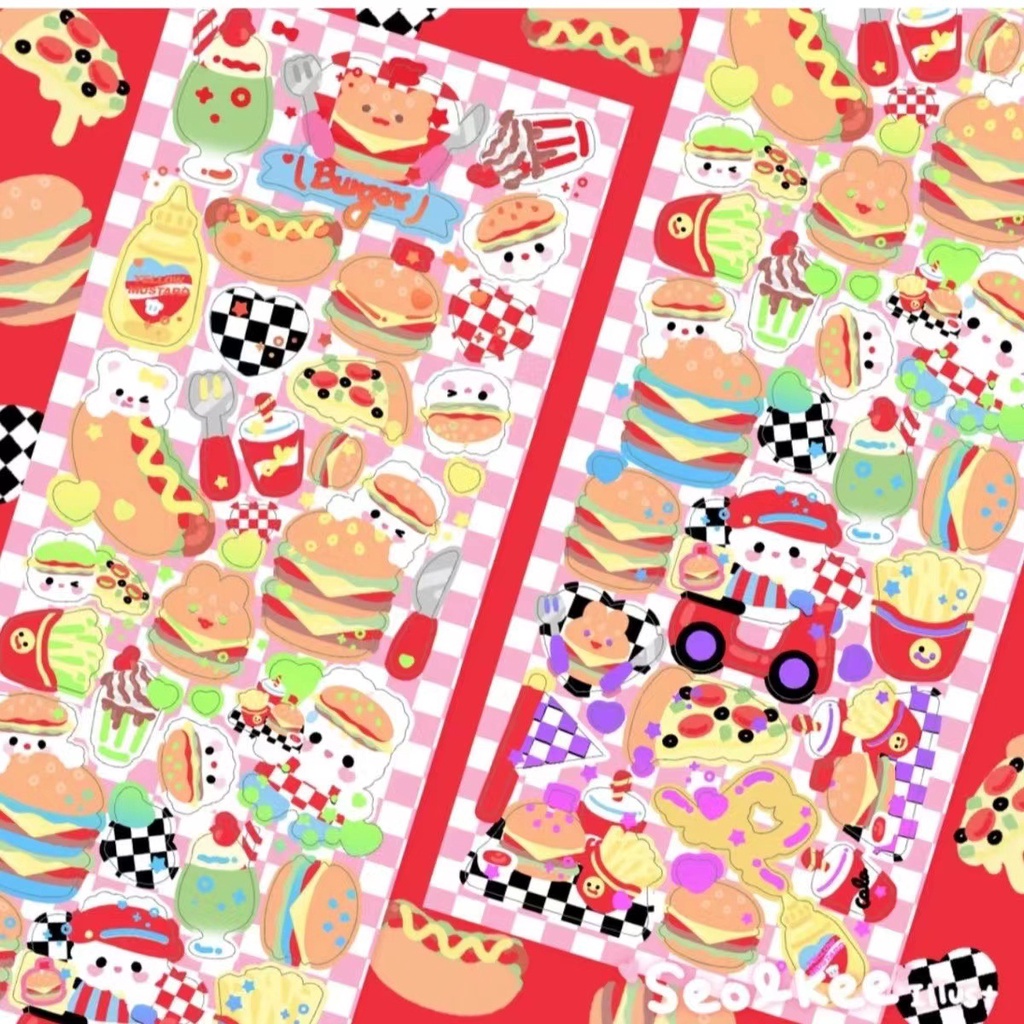 Peach 1Pcs Korean INS cartoon cat Bear fries burger sticker Journal Scrapbook Decor Sticker