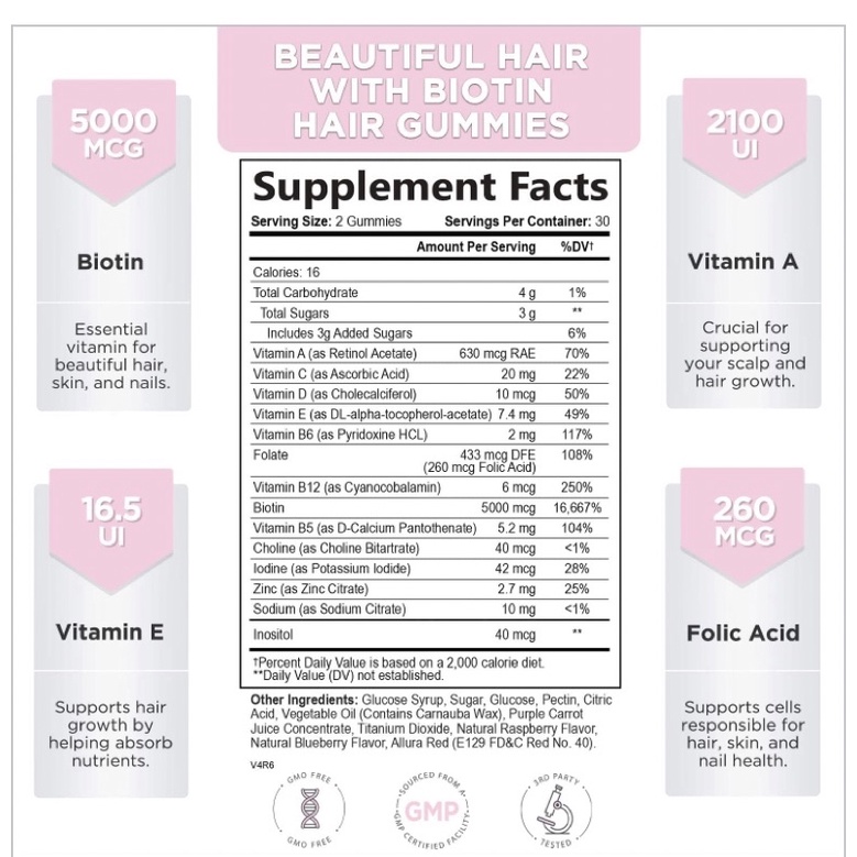 Kẹo dẻo gấu hồng vegan Hello Lovely Hair Vitamins Gummies with Biotin 5000 mcg 60 viên USAi