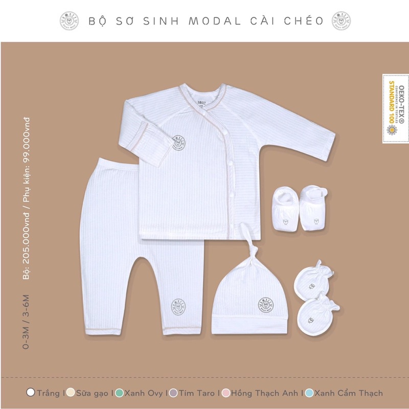 HRNEE chính hãng - Bộ sơ sinh vải modal gỗ sồi cài chéo size 0-3M, 3-6M