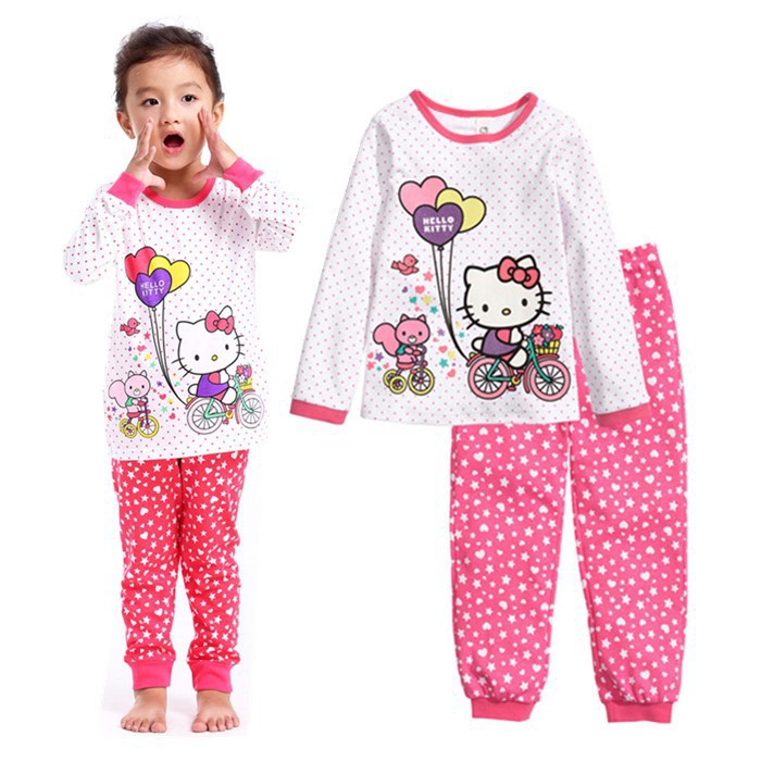 Bộ đồ ngủ tay dài in họa tiết mèo Hello Kitty/ chuột Mickey/ heo Peppa đáng yêu dành cho bé từ 1-7 tuổi