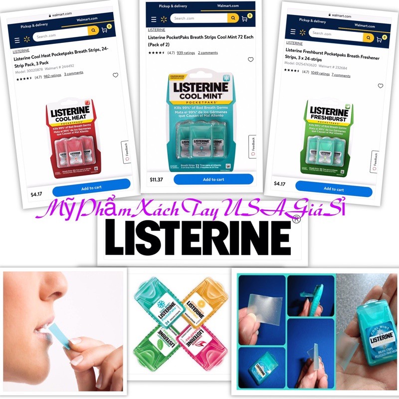 [Hàng Mỹ]Miếng ngậm thơm miệng Listerine Pocketpaks (Vĩ 3 hộp x 24 miếng)