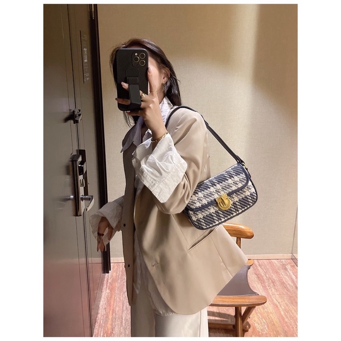 (Có sẵn- đeo 2kiểu) Túi xách kẹp nách hoặc đeo vai hoạ tiết kẻ thời trang trendy phong cách Ulzzang Hàn Quốc MS7103