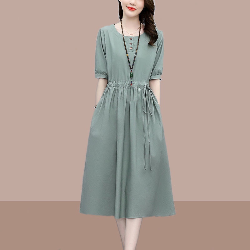 Plus Đầm Cotton Lanh Dáng Chữ a Ôm Eo Thời Trang Cho Phụ Nữ Trung Niên