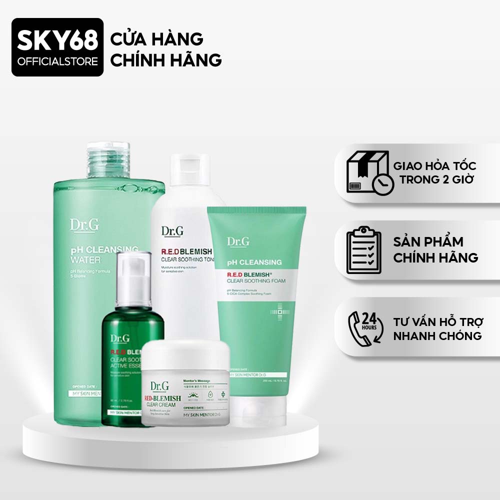 Bộ 5 Sản Phẩm Làm Dịu Da Dành Cho Da Mụn, Nhạy Cảm Da Dr.G (TT490ml, SRM150ml,Toner300ml, Serum80ml, Kem70ml)