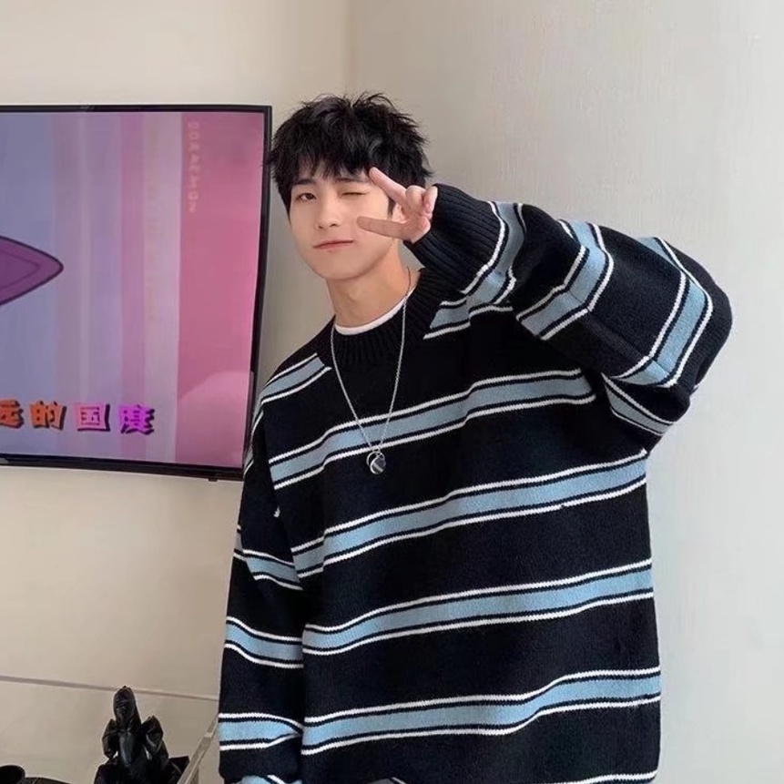 Áo Sweater Dệt Kim Cổ Tròn Dáng Rộng Kẻ Sọc Kiểu Hàn Quốc Cá Tính Cho Nam