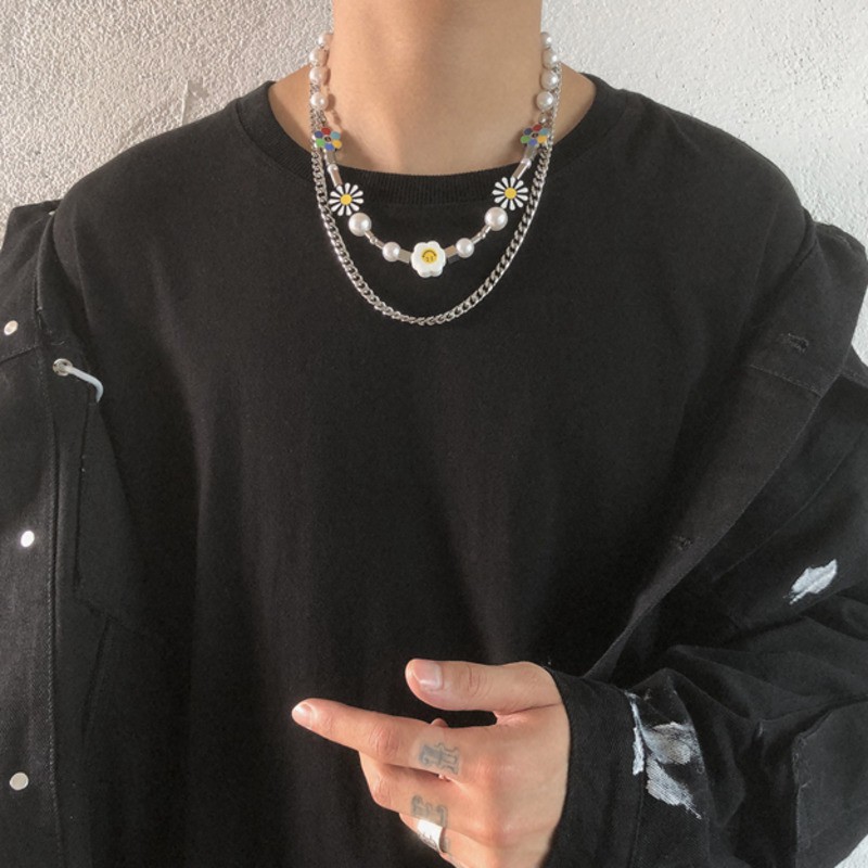 Dây Chuyền Mặt Hình Hoa Cúc Đính Ngọc Trai Phong Cách Hip Hop