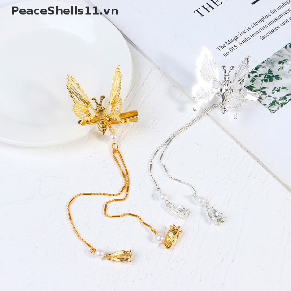 [PeaceShells] Kẹp Tóc Hình Bướm Phong Cách Cổ Điển Phối Tua Rua Bước Lắc
