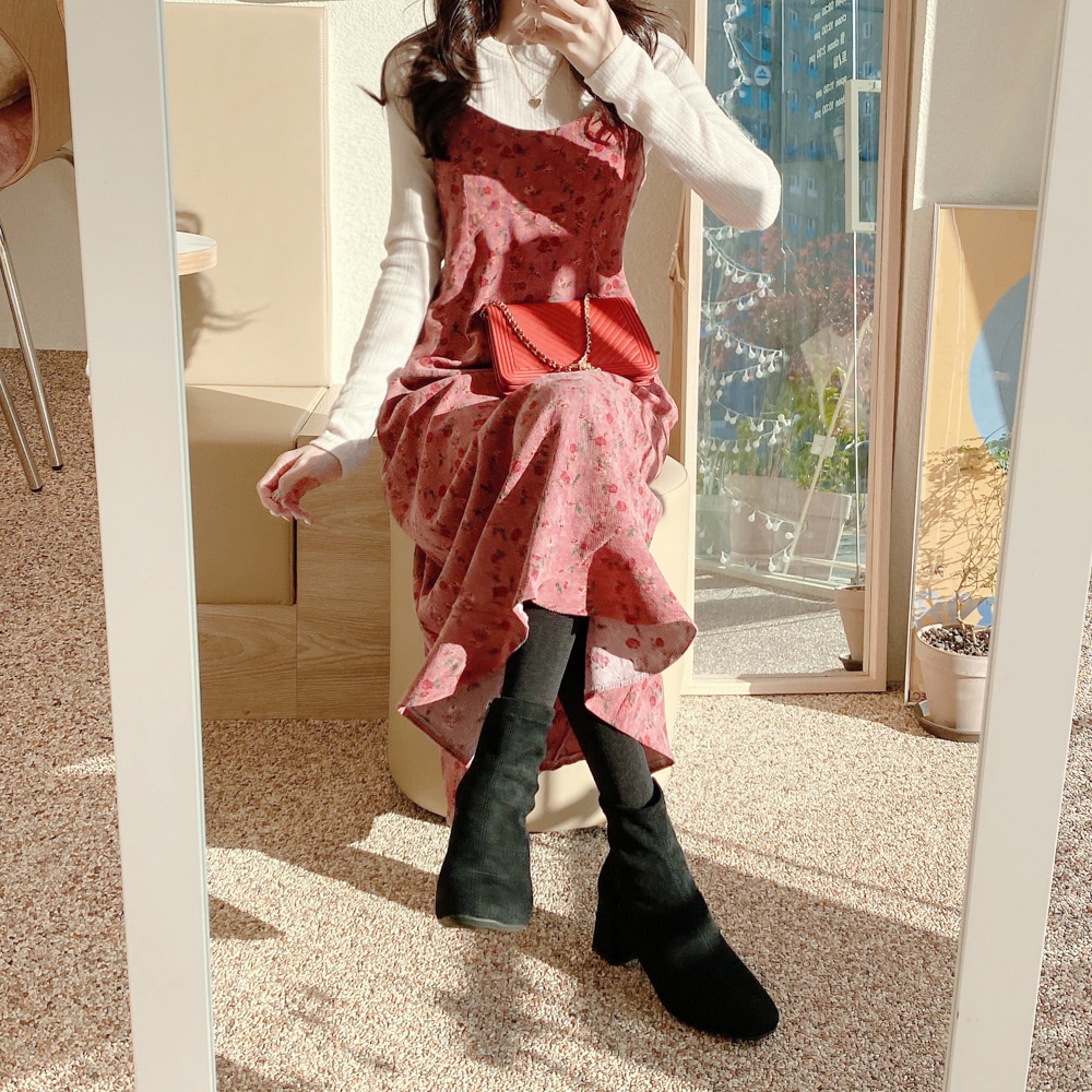 Áo thun màu trơn/ Đầm hai dây SUXI họa tiết hoa phong cách Hàn Quốc thời trang thanh lịch dành cho nữ