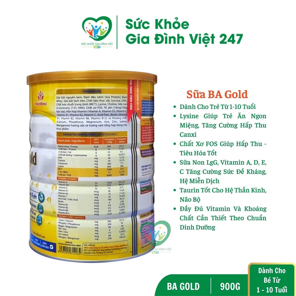 Sữa BA Gold - 900G Giúp Tăng Cân Chiều Cao Trí Não Tăng Miễn Dịch Tiêu Hóa Tốt - MẪU MỚI DATE MỚI suckhoegiadinhviet247