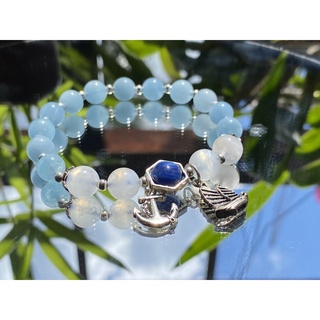 Vòn Phong Thủy mệnh Kim - Thủy. Vòng đ.á Aquamarine kết hợp đ.á Mặt Trăng và đ.á Kyanite mix charm bạc 925