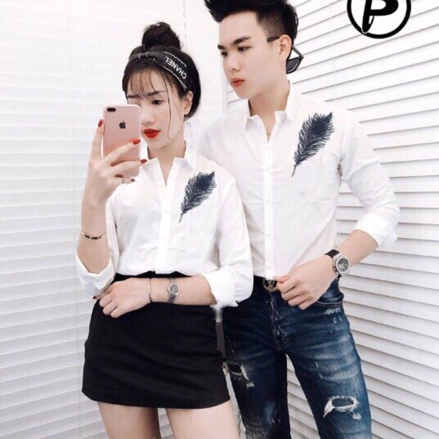 Áo sơ mi cặp thời trang họa tiết 1 chiếc lá