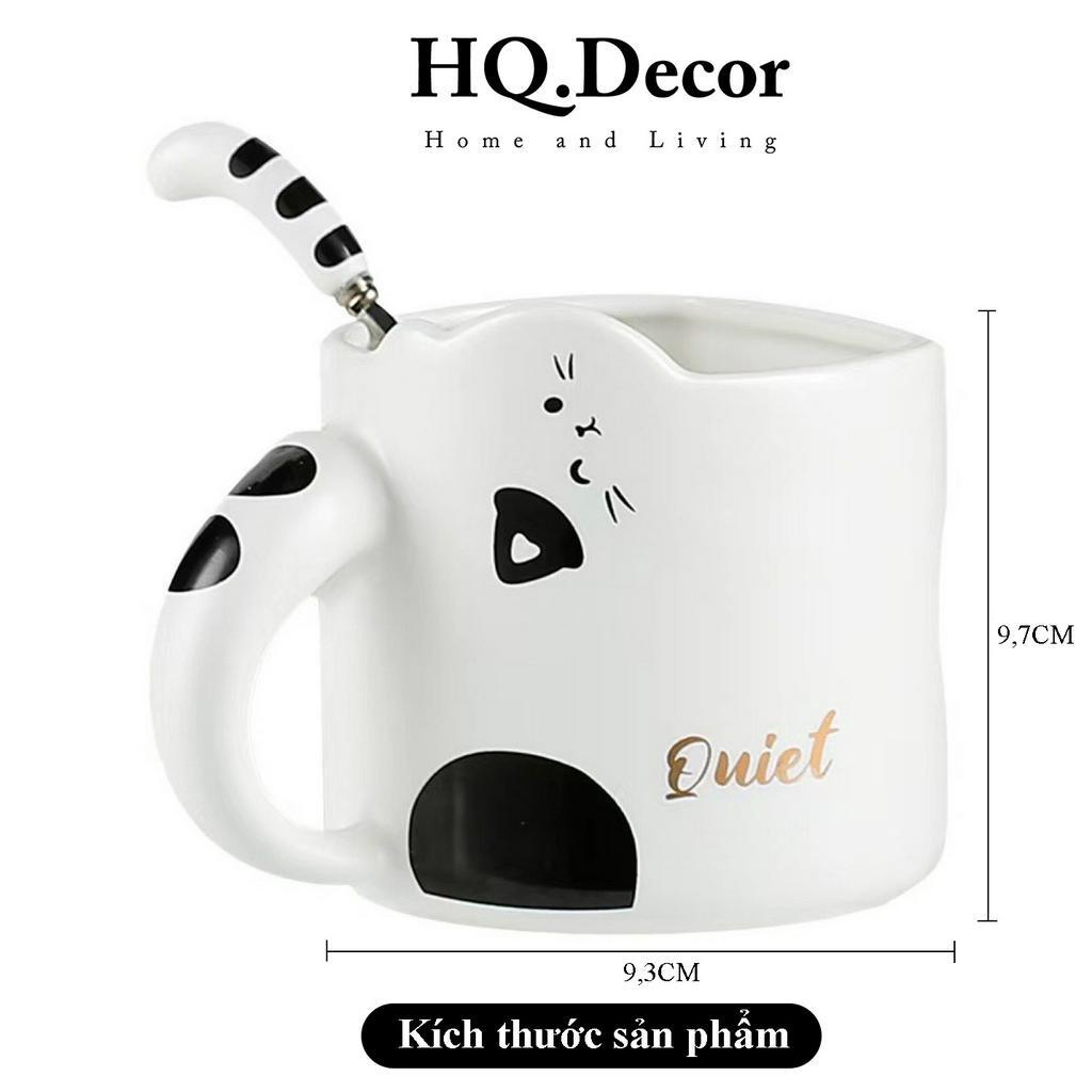Cốc sứ ly sứ hình mèo cao cấp đáng yêu màu trắng có quai kèm thìa chịu nhiệt tốt - HQ.DECOR - HQ03