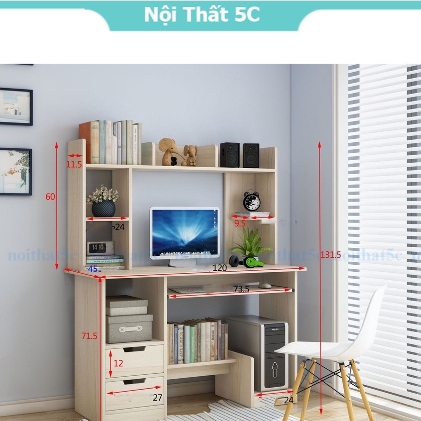Bàn học tập làm việc lắp ghép kèm giá để sách tiện lợi, bàn máy tính gỗ MDF dễ lau chùi có hộc tủ lưu trữ đồ