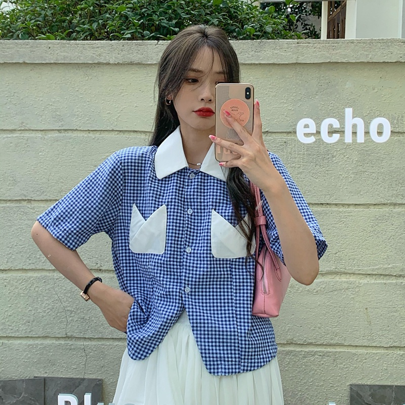 Áo sơ mi tay ngắn họa tiết kẻ sọc caro thời trang mùa hè phong cách Hàn Quốc dành cho nữ
