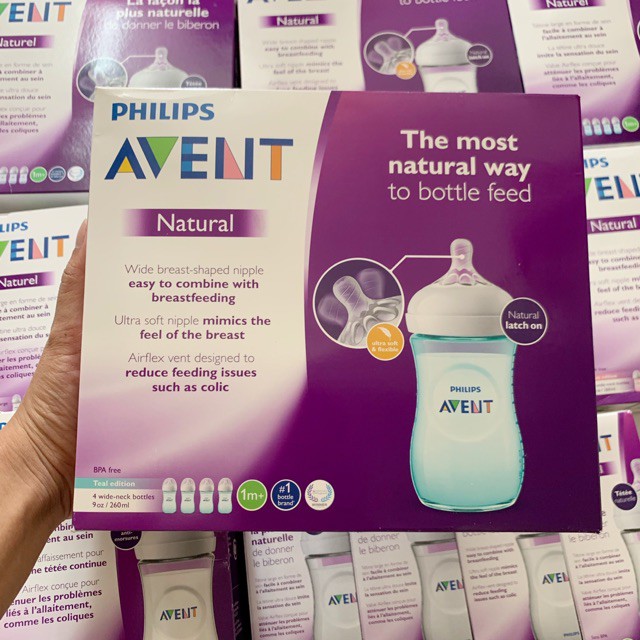 Tách Set Bình sữa chống đầy hơi Philips Avent Natural 125ml/ 260ml/ 330ml Màu Ngẫu Nhiên, Núm Tùy Chọn