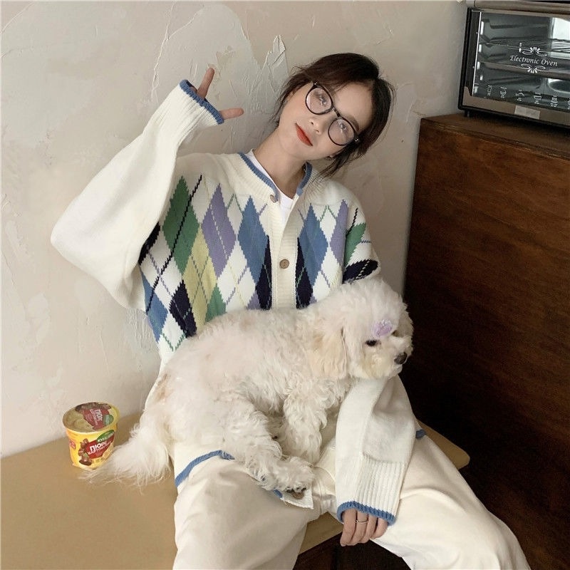 Áo khoác Cardigan dệt kim dáng rộng họa tiết kim cương xanh lá thời trang cho nữ