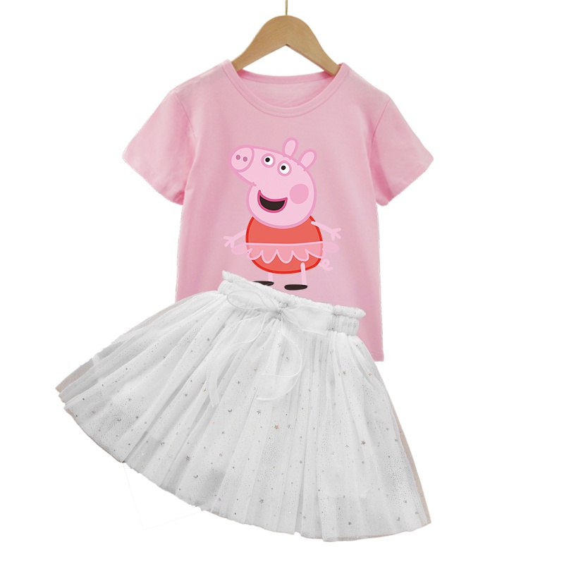 Bộ 2 Món Áo Thun Cotton Mỏng In Hoạt Hình Heo Peppa Phối Chân Váy Tutu Đính Kim Sa Thời Trang 2022 Cho Bé Gái