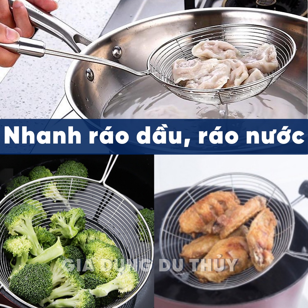Vợt chiên inox vớt ráo dầu cán dài có móc treo tiện lợi - Vợt vòng cán inox vớt thức ăn lẩu chiên 5 size