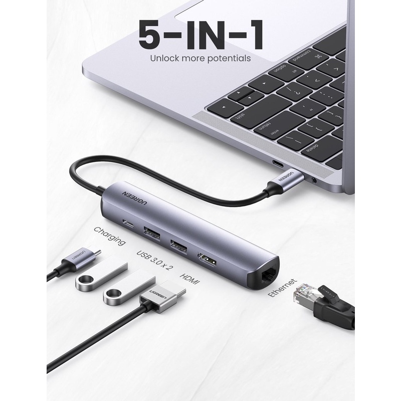 Hub  USB C 5 in 1 Chính hãng Ugreen 10919 CM418 (Type to HDMI 4k+USB 3.0*2+RJ45+PD100W) Cáo Cấp