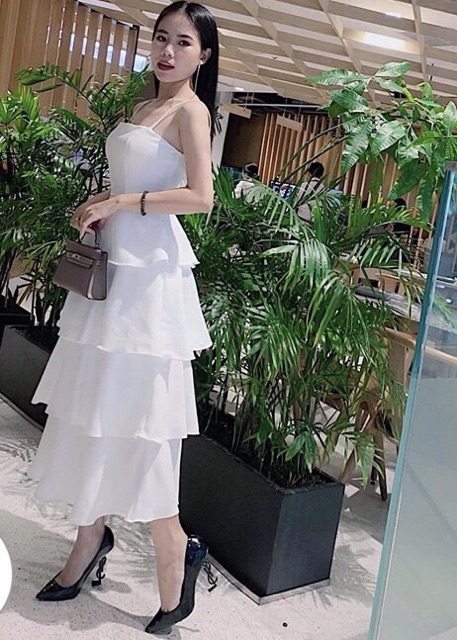 Đầm váy đi tiệc maxi trắng 4 tầng