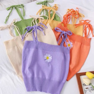 Áo len croptop 2 dây thêu hoa cúc hoạ mi dáng ôm màu tím, đen, hồng, cam, xanh, kem, trắng