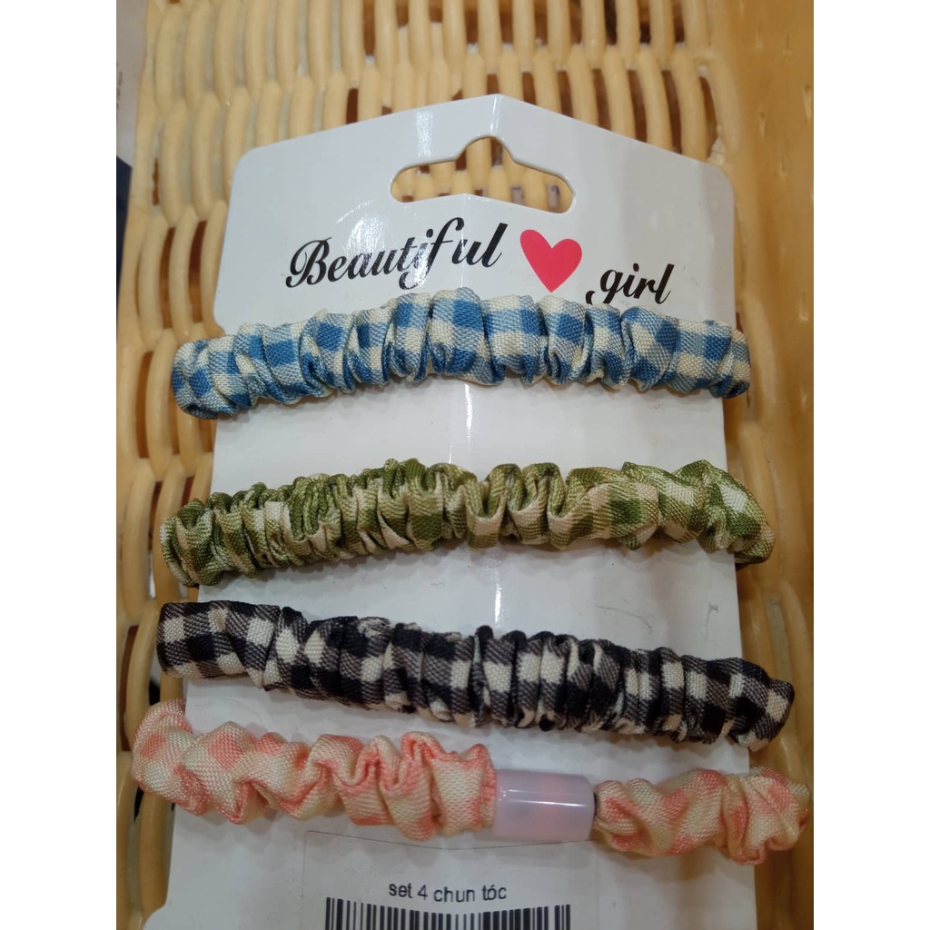 Set bốn dây buộc tóc vải, Scrunchies màu pastel xinh xắn