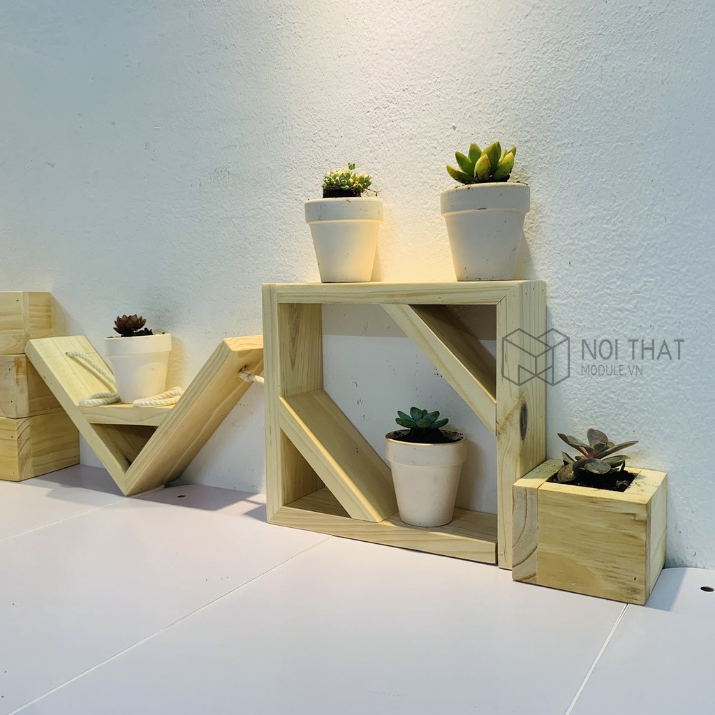 Kệ tam giác decor - đựng hoa trang trí treo tường gỗ thông tự nhiên