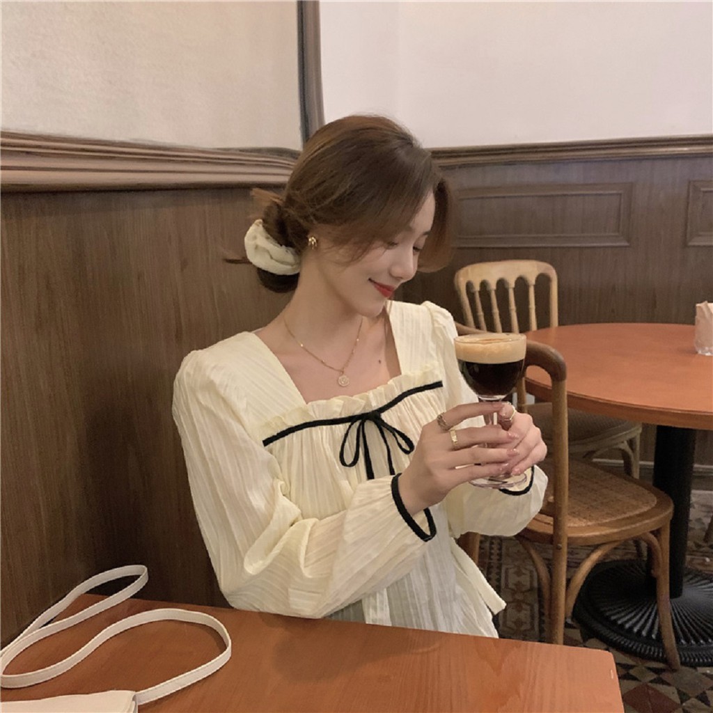 Áo babydoll cổ kiểu bèo phối nơ tiểu thư (hàng QC) - Ảnh thật