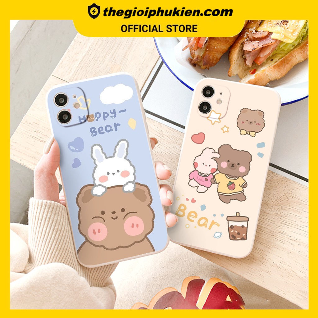 Ốp iphone - Ốp lưng iphone cạnh vuông Gấu nâu thỏ trắng dành cho ip 6 đến 14promax - ng279
