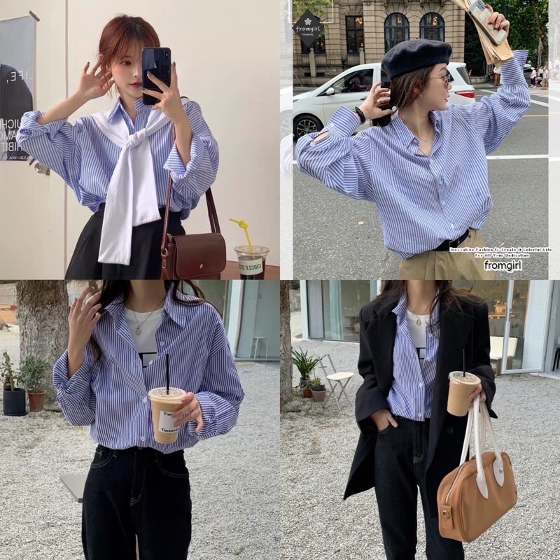 [Ảnh thật/video] Áo sơmi kẻ tay lỡ Ulzzang cổ thuỷ thủ kèm khăn choàng (có thể tháo rời)