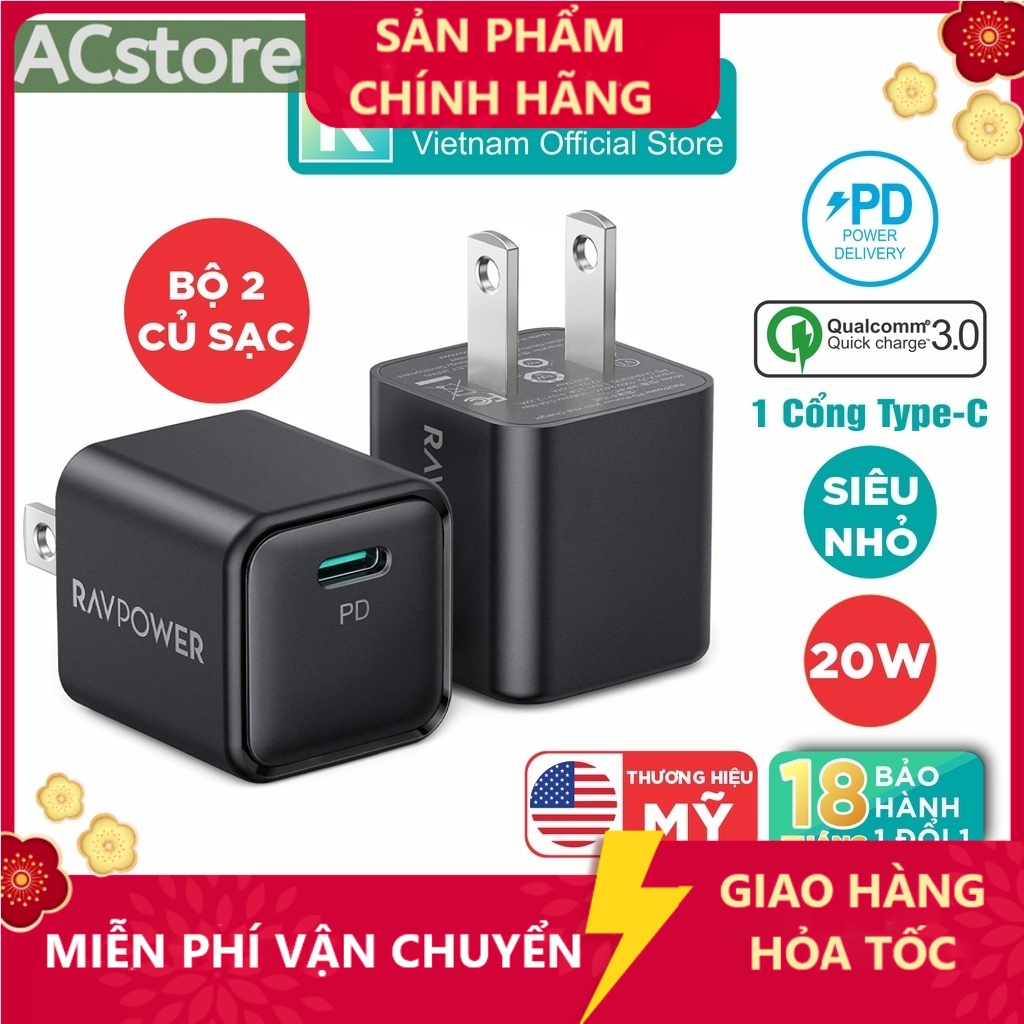 [ KHÔNG HỘP ] Củ Sạc Nhanh 20W Siêu Nhỏ RAVPower RP-PC150 Type C PD 3.0 Sạc Nhanh , , Android - Hàng Chính Hãng