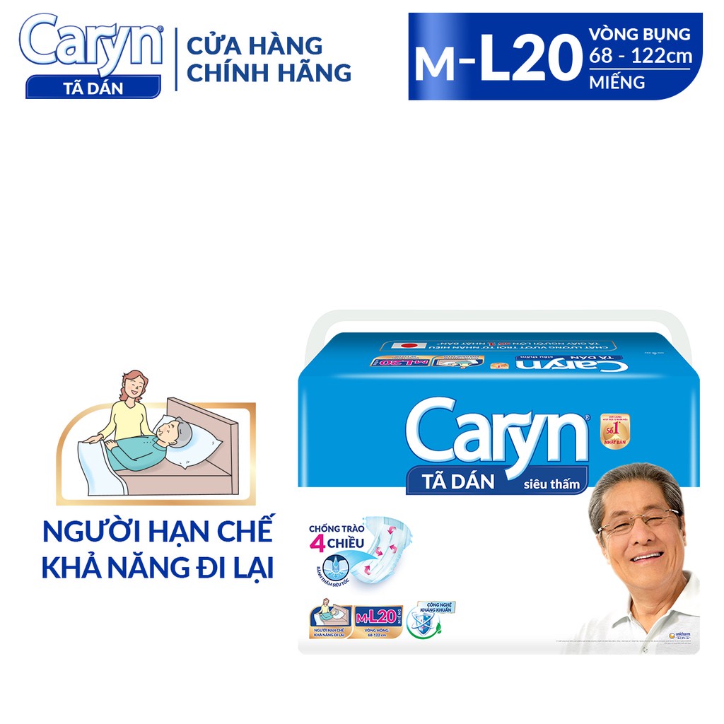 Tã bỉm dán Người lớn Caryn siêu thấm ML 20 miếng,tã người già size m dành cho người hạn chế khả năng đi lại