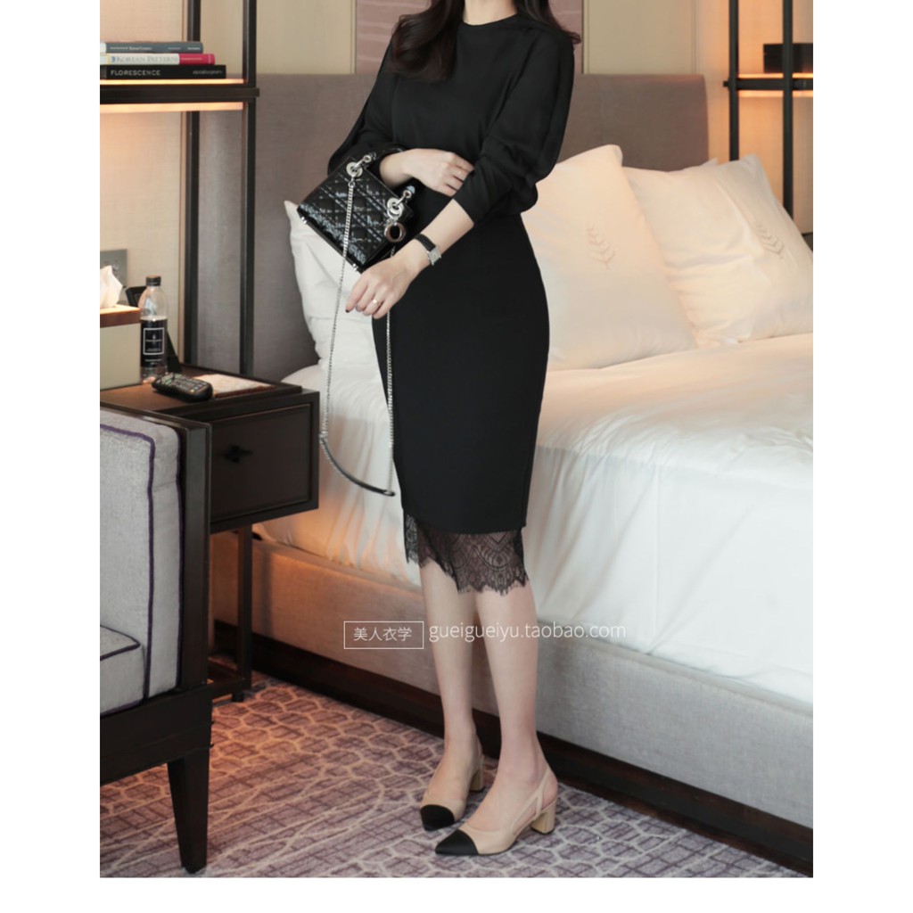 Chân váy công sở dài CR63V10 bigsize màu đen ôm body đáp ren dài 63cm