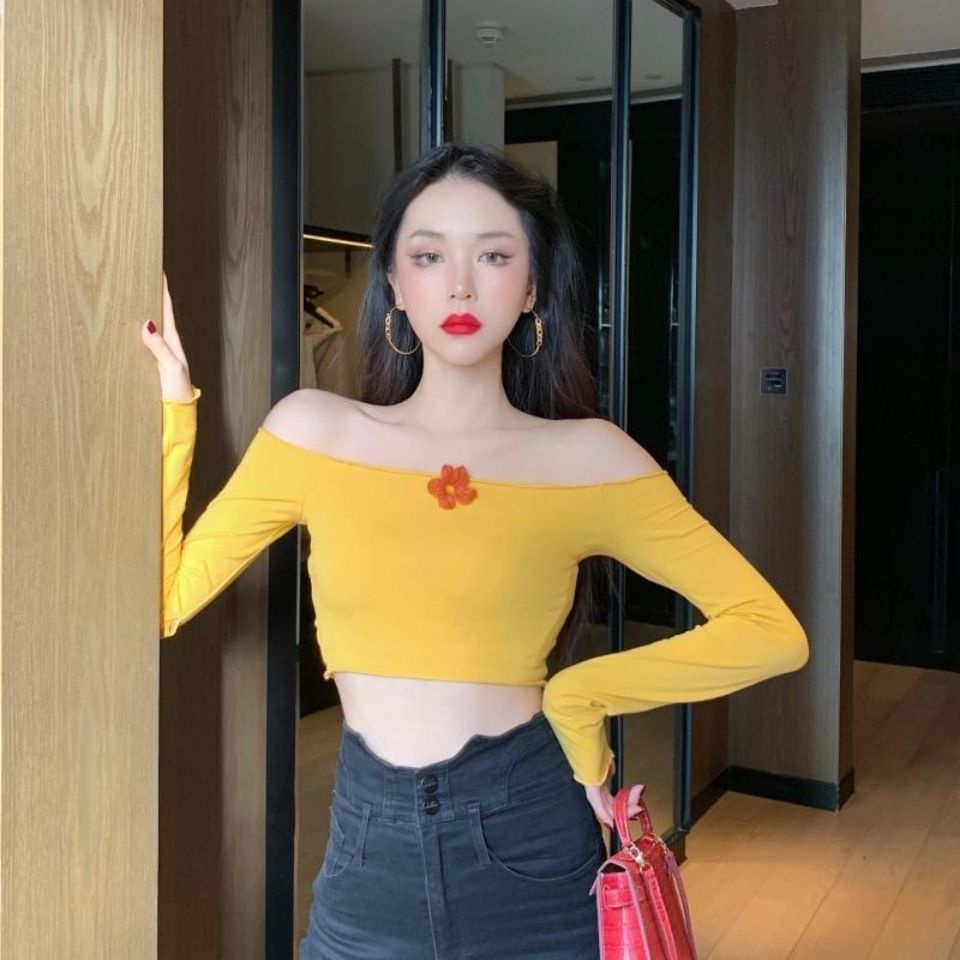 Áo croptop dài tay ulzzang nữ màu vàng sexy trễ vai Trang trí hoa nhỏ Vintage