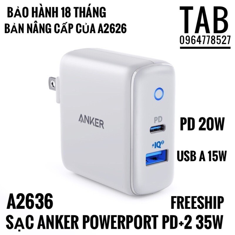 Sạc Anker PowerPort Pd+2 35w , Usb-c PD, PowerIQ2.0 - A2636 (BH 18 Tháng)