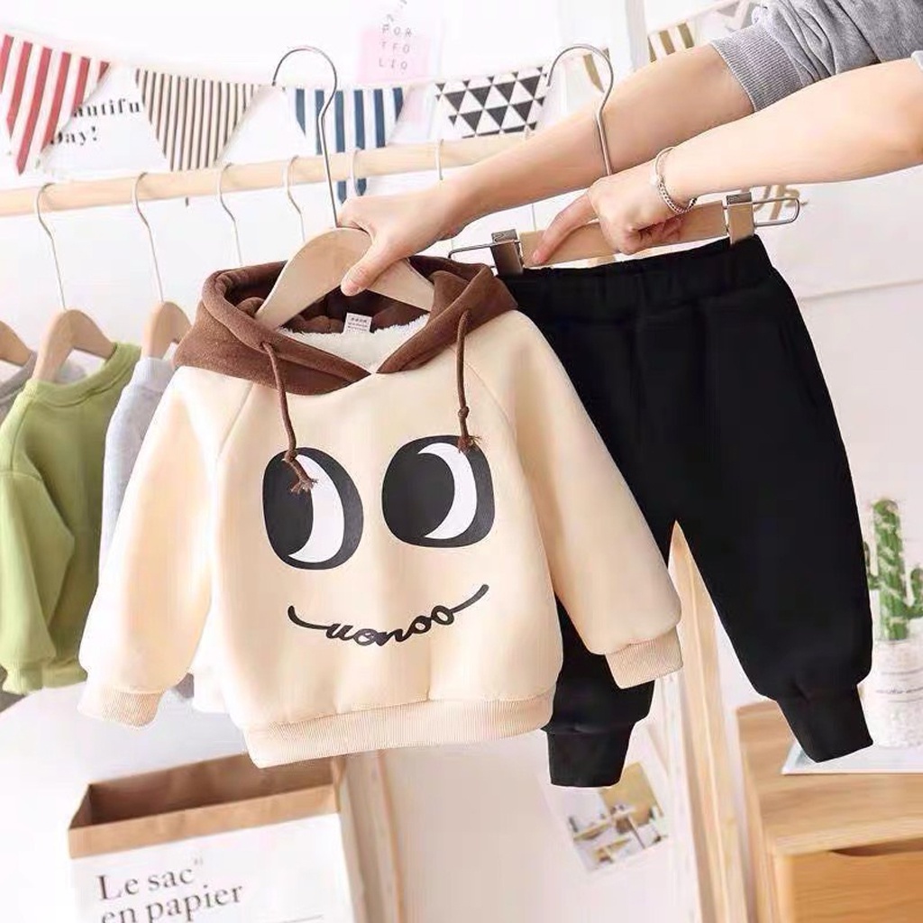 Bộ Nỉ Cho Bé binbon kids, Bộ Nỉ Bông Cho Bé Trai Bé Gái dài tay in hình Mắt cực yêu cho bé từ 7-27kg