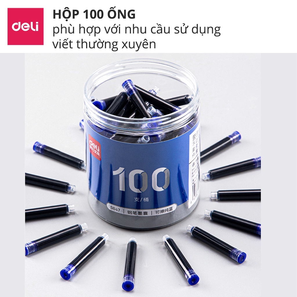 Hộp 100 ống mực thay thế bút máy Deli - Màu Xanh - S647