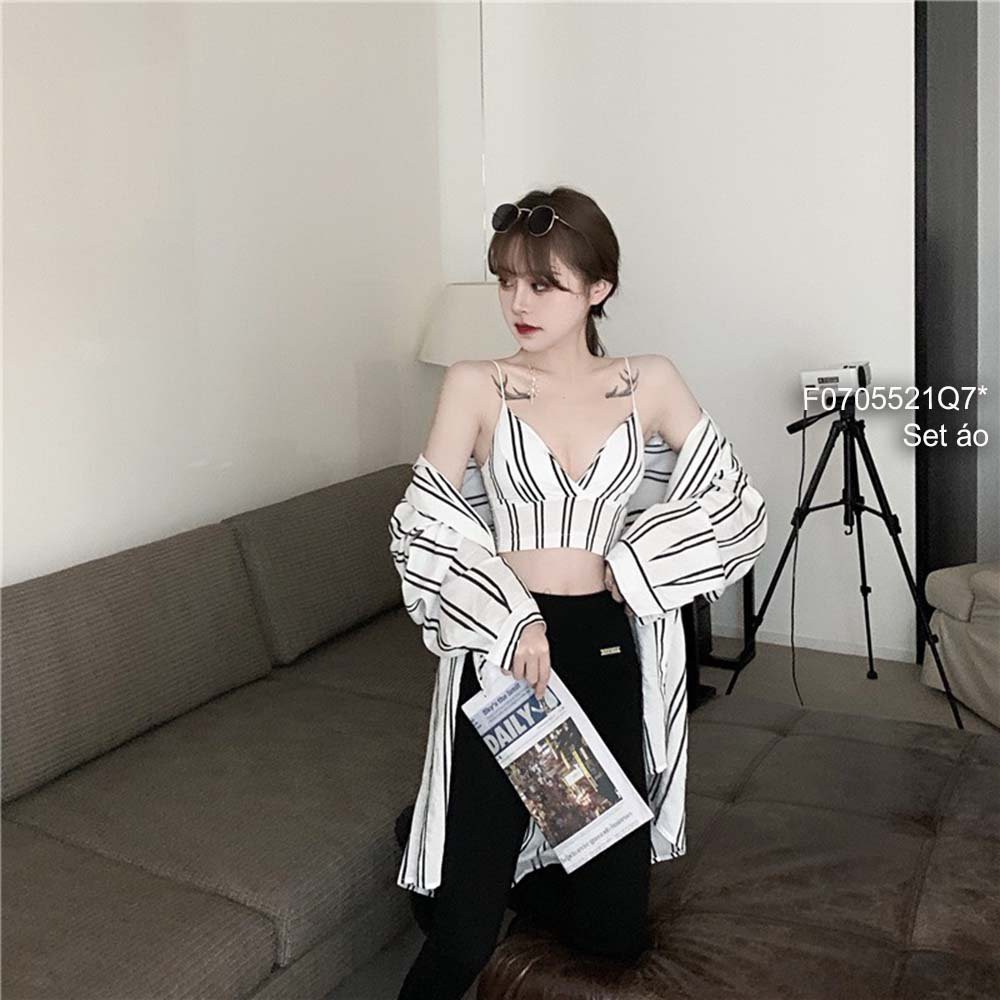 Set cặp áo kẻ sọc áo sơ mi form rộng tay dài phối áo croptop 2 dây có cúp!