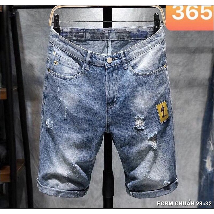 Quần short jean nam xước 2 điểm với logo vàng đẹp chuẩn shop BB04
