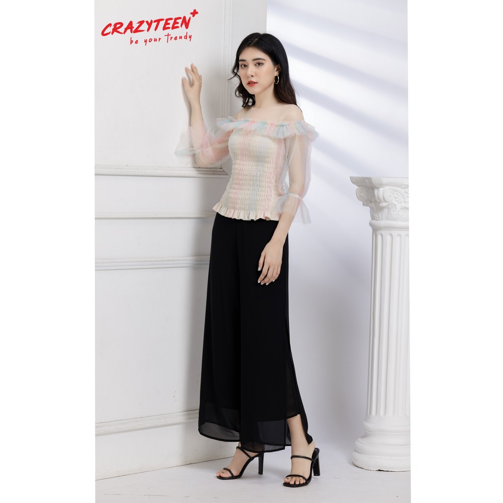 [Mã FAMALLT5 giảm 15% đơn 150k] Aó kiểu form peplum lưới tay loe CRAZYTEEN màu cầu vồng phong cách sang trọng(A0104)