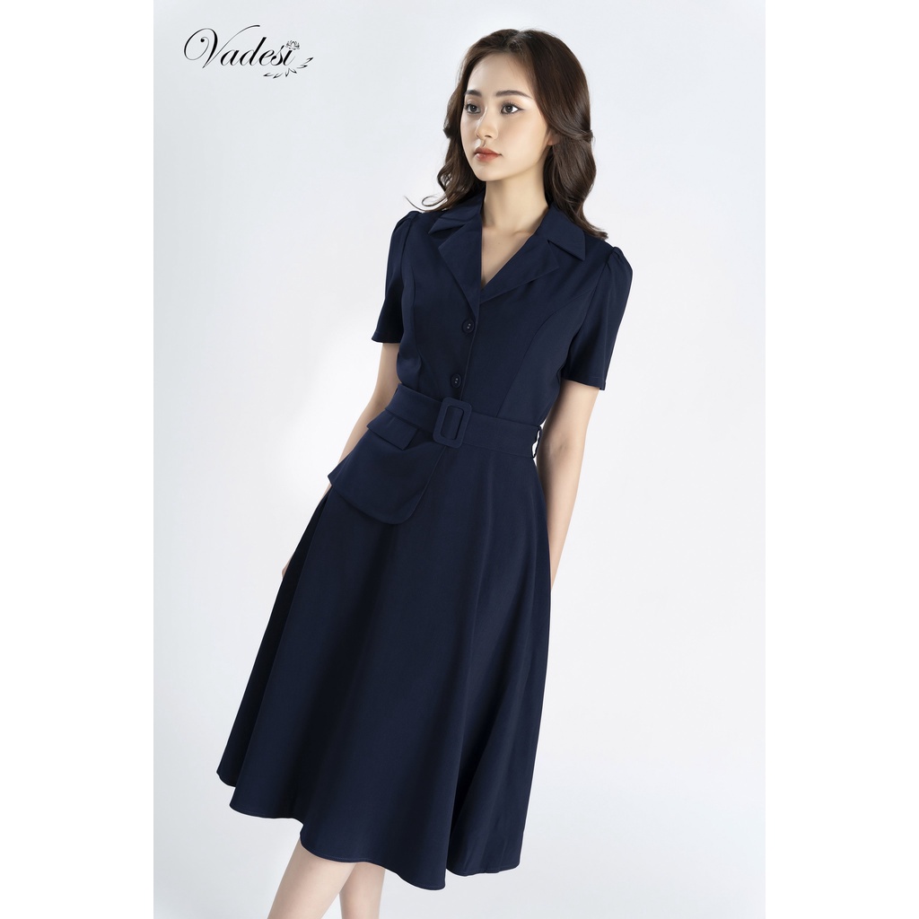 Đầm  Váy Cổ Vest Xòe Chiết Eo Cao Cấp Kèm Dây Lưng Phong Cách Công Sở Thanh Lịch Che Mọi Khuyết Điểm Tôn Dáng