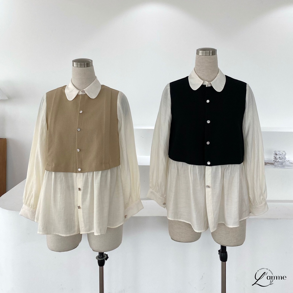 Áo bầu MARA SHIRT tay đũi phối vải bố xước, kiểu dáng lịch sự, phù hợp môi trường công sở thiết kế bởi LAMME