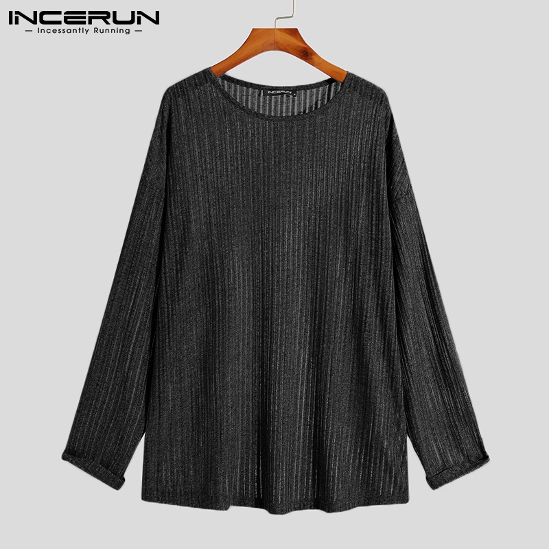 Áo thun nam INCERUN xuyên thấu cổ tròn hoạ tiết sọc dài tay 3 màu sắc thời trang tự chọn