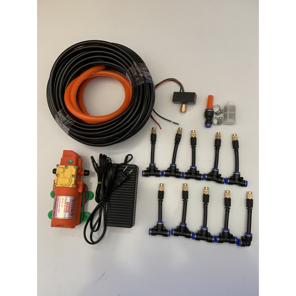Bộ phun sương. bộ phun sương, tới lan. Bơm Sumo cam kèm ng,uồn 12v_5a. 15m dây phun. 10 béc đồng nhựa và chiếc áp