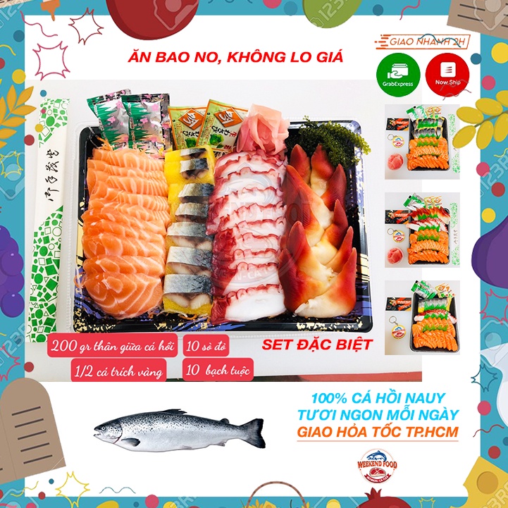 Sashimi Set Cá Hồi - Cá Trích - Sò Đỏ - Bạch Tuộc kèm nước chấm và đồ ăn kèm