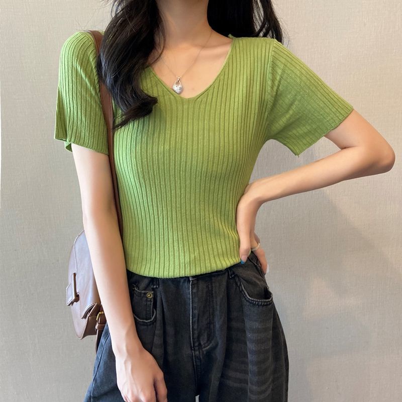 Fashion V-Neck Ice Silk Knitwear Versatile Slim Fit T-Shirt Ladies Tops