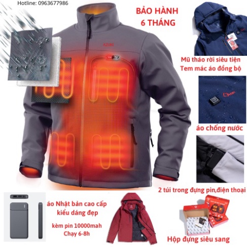 Áo Sưởi Ấm Bằng Điện Nhật Bản AZUKI [ BH 6 Tháng, Áo Chống Mưa Cực Tốt]