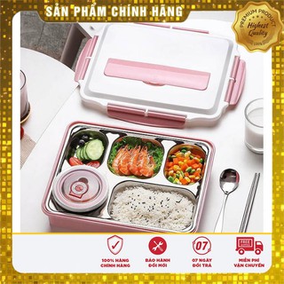 Hộp cơm văn phòng inox 5 ngăn giữ nhiệt nắp đậy chống tràn tặng kèm đũa thìa inox tiện ích, khay đựng cơm inox 304