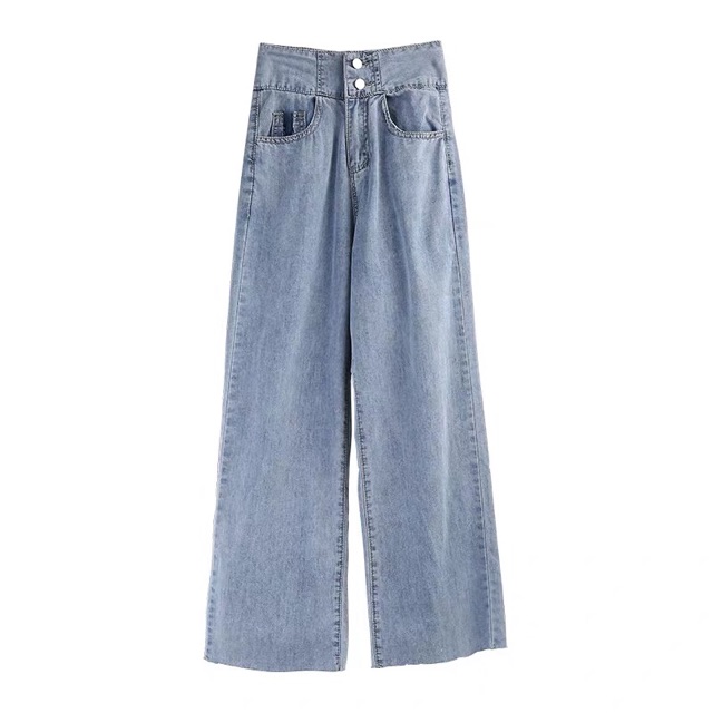 Quần jean bò suông cạp cao 2 cúc dây vắt sau